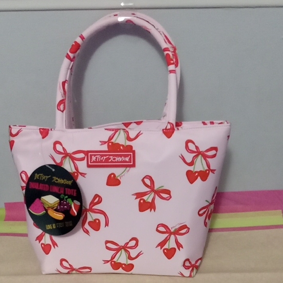 Betsey Johnson Pink Cherry Hearts Lunch Tote πππππ With Ribbons - Picture 1 of 5